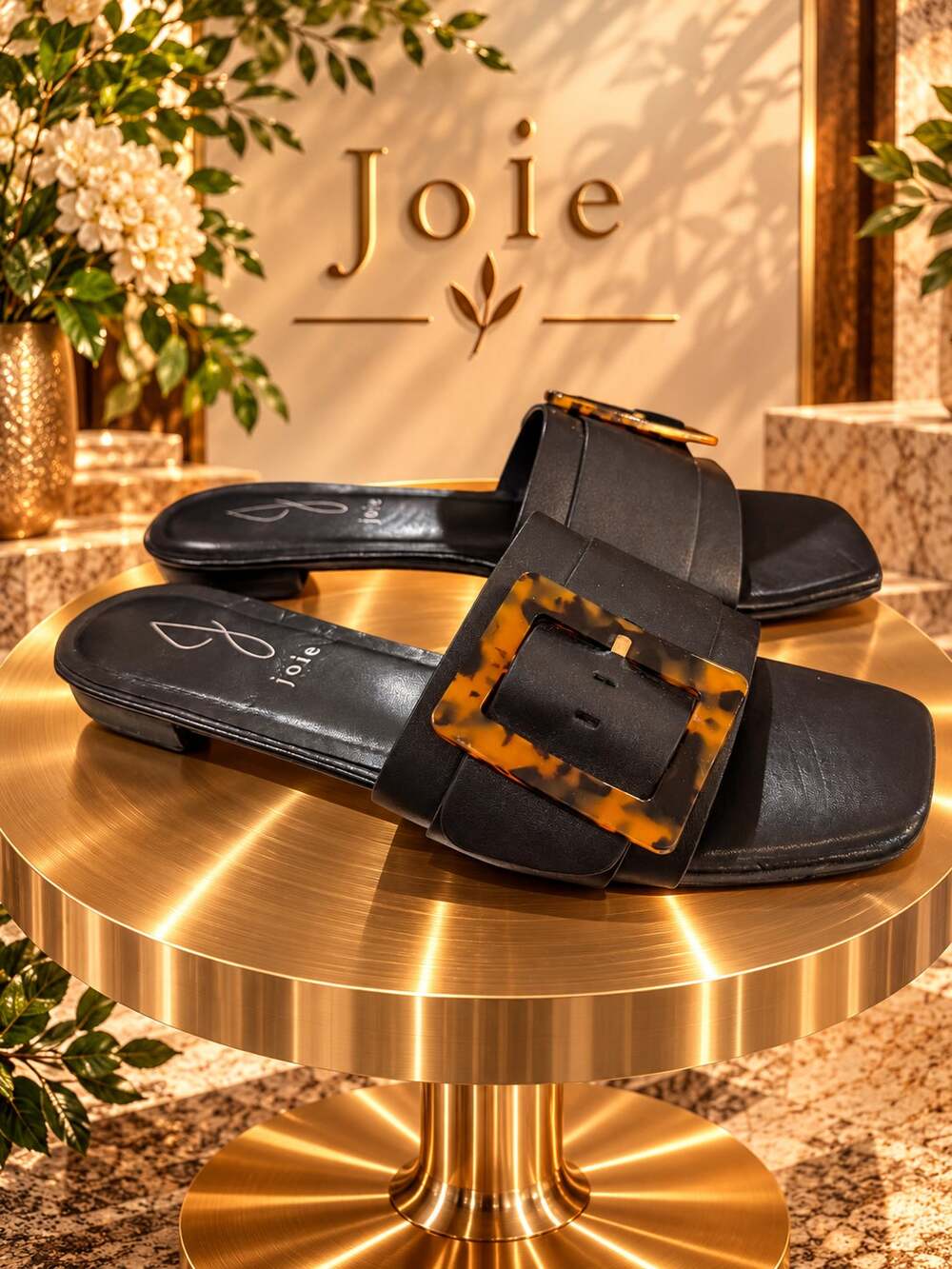 Joie Paige Black Slide Sandals Tortoise Buckle Women’s Size 8.5